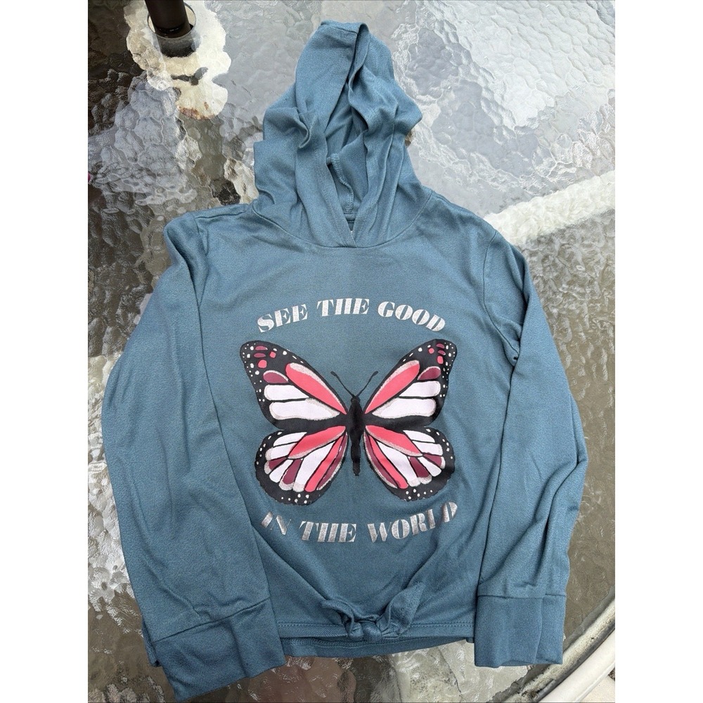 So Girls Butterfly Hooded Shirt Sz 7 Small Guc Twist Tie Front